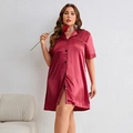 Women's plus size ruby red satin pajamas with short sleeves and black piping trim - 1XL / Burgundy