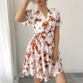 Short sleeve floral tiered dress in white and orange with wrap V-neck and belted waist - S / Brick Red