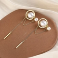 Long tassel pearl drop earrings with gold finish and elegant geometric metal accents - Geometric Bar Pearl (E3961)