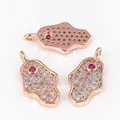 Rose gold Hamsa Hand charm with micro-pave white zircon and pink center stone - Rose Gold Plated