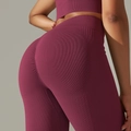 Seamless rib-knit high waist leggings yoga set in deep berry red with ruched butt lift - S / Bottoms / Burgundy