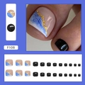 Navy blue marble press-on toe nails with gold foil accents and solid black set - F108 Dreamy Ocean Blue