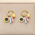 Detail of gold earrings featuring Roman numeral charms and colorful pearl tassel drops - Roman Numerals Disc Multicolor Pearl Earrings (KE118726-SP)