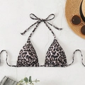 Detail of leopard print bikini top with halter neck ties and triangle cup design - Grey Leopard Print