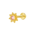 Gold plated labret stud with pink micro-set zircon in sunflower shape for piercings - Gold Sun Flower / Pink Stone (K-933)