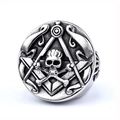 Detailed view of vintage silver skull ring with square and compass pirate punk symbols - US 7 / Skull Masonic Symbol Style (14504) / Steel