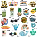Detailed flat lay of 20 summer beach theme iron-on embroidery patches with a mini sewing kit - Style 1 VSCO Patches Set 20Pcs