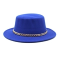 Detail of royal blue flat top wool hat with bold gold metal chain decoration - M (56-58cm) / Blue