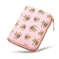 Pink accordion card holder with cartoon bee print and gold metal zipper closure - Bee