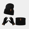 Detalle de gorro, bufanda y guantes táctiles de punto negros con parche de cuero - Negro