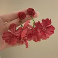 Detail of red fabric flower earrings with rose stud and teardrop crystal pendants - 29# Silver Earring Post-Red
