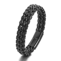 Men's multi-layer braided black leather bracelet with dark metal steel wire and magnetic clasp - Black