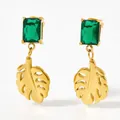 Golden Monstera leaf earrings featuring elegant emerald green rectangular gemstones - Gold Green Zirconia (KDE895)