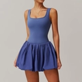 Women's backless sky blue tennis dress with pleated skirt and built-in shorts - 2XL / Marble Purple
