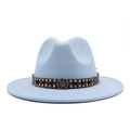 Detail of light blue wool fedora featuring a leather strap with silver studs and badge - Sky Blue
