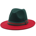 Tweekleurige wollen fedora hoed in donkergroen en rood met klassiek gestreept lint - M (56-58cm) / Donkergroene Kroon met Rode Rand (04)
