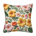 Detail view of 3D floral cushion cover featuring vibrant tropical patterns on a white background - 18x18 Inch