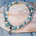 Double-layer ocean style anklet with turquoise beads, starfish, and silver fishtail charms - Fish Tail
