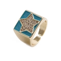 Adjustable copper star ring with blue enamel inlay and micro-pave zirconia center - Blue Star