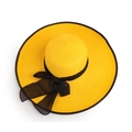 Detail of wide-brim yellow straw sun hat with black mesh bow and contrast piping - M (56-58cm) / Yellow