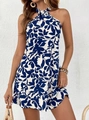 Mini-jurk met halternek, blauw-witte botanische print en details met ruches aan de zoom - S / Blauw