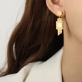 Elegant gold titanium steel geometric drop earrings with white square shell inlay - Pointed White Shell Look (F1096)