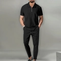 Close-up detail of premium black waffle knit fabric texture on men polo and pants set - Black