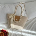 Beige straw woven tote with brown leather flap, pearl buckle and lace ribbon detail - Beige with Brown Leather Flap (with Scarf)