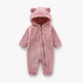 Pink hooded plush baby romper featuring cute bear ears and a front zip for winter warmth - Light Pink / 66cm
