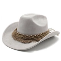 Detail of light gray suede cowboy hat featuring bohemian tassels and gold chain trim - M (56-59cm) / Light Gray