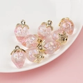 Pink resin strawberry charms with glitter and gold metal leaf top for DIY jewelry - Peach Pink