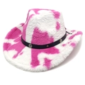 Pink and white cow print plush cowboy hat with decorative studded black faux leather band - M (56-58cm) / Heart Top / Pink and White Cow Print