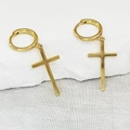 Elegant gold-plated 925 sterling silver hoop earrings with a cross charm on stone - Minimalist Polished Cross (3004) - Pair / Gold (#30)