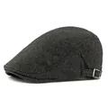 Dark grey herringbone newsboy cap featuring a side adjustable silver metal buckle - Adjustable / Black