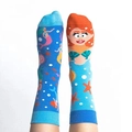 Detail showing asymmetrical cartoon mermaid design on cotton mid-calf novelty sports socks - Ocean Mermaid