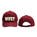 Detail of burgundy corduroy baseball cap showing WIFEY chenille embroidery and metal buckle - Adjustable / Burgundy