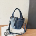 Two-tone denim patchwork bucket bag for women and kids with adjustable crossbody strap - Dark Blue