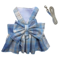 Blue plaid pet harness dress with matching leash and decorative bow for small dogs - Sky Blue Dress Set