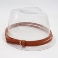 Close-up of transparent plastic hat support and vintage brown faux leather strap - One Size / Double Tan Belt