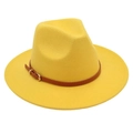 Detail of bright yellow wool fedora hat featuring a brown leather band and gold buckle - M (56-58cm) / Yellow