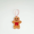 Gingerbread man felt ornament with red embroidered letter W and ribbon hanger - Letter W