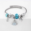 Silver beaded spiral bracelet with blue crystal beads, flower and heart charms - C2-005 Blue