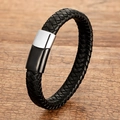 Close-up of black braided leather bracelet featuring a sleek silver and black magnetic clasp - Black Woven Leather With Silver & Black Magnetic Clasp