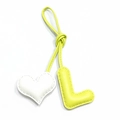 Handmade leather bag charm with white heart and lemon yellow letter L pendant - Light Yellow L with Off-white Heart