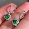 Exquisite silver drop earrings with square emerald green stones and pavé set cubic zirconia - Green