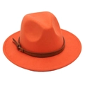 Close-up of orange wool fedora hat featuring a brown leather band and metal buckle - M (56-58cm) / Orange (Yellow Rope)