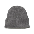 Detailed view of dark grey cable knit pattern and thick cuffed edge on winter beanie - M (56-58cm) / Gray
