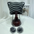 Black and grey striped cat ear beanie with star pin and soft grey fur pompoms - M (56-58cm) / Black and Gray