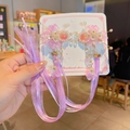 Pink floral hair clips with pearls and purple ribbons on a handmade display card - Peach Purple Long Ribbon