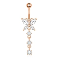 Rose gold belly button ring with butterfly crystal design and dangling gem stones - Butterfly Style